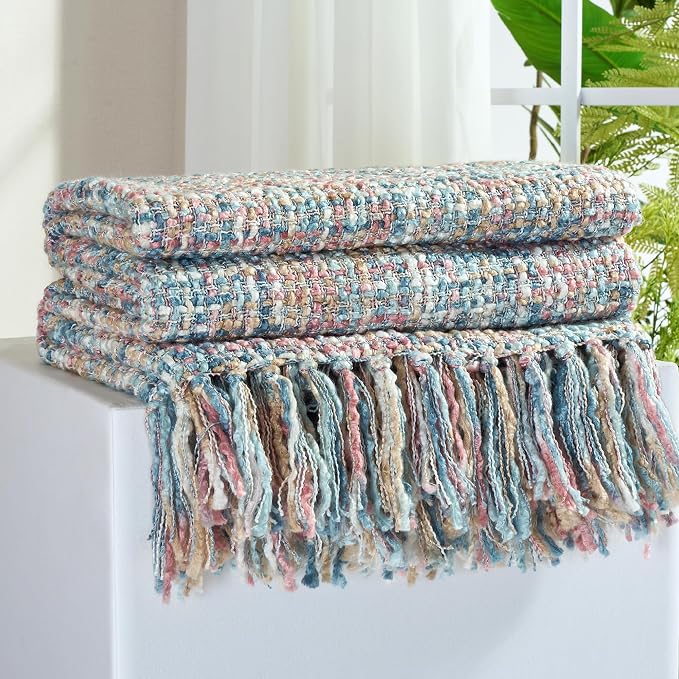 Multi-Color Cable Woven Throw Blanket for Couch - 60"X80" | Multicolored Boho Style,Super Soft Warm Cozy Chunky Blankets with Decorative Tassels for Bed and Sofa,Pink Blue