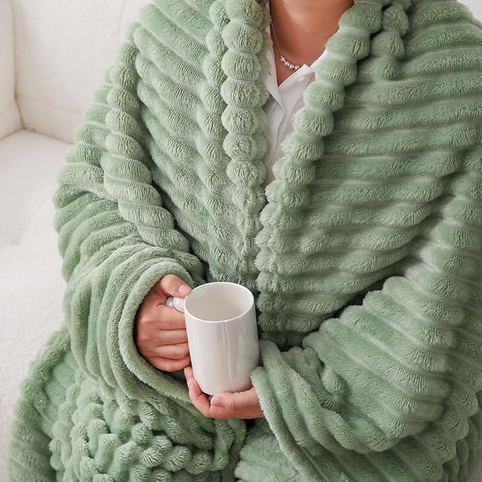 Sage Green Fleece Throw Blanket 60”×80” for Couch Sofa Livingroom | Super Soft Cozy Plush Microfiber Flannel Bed Blanket Striped Design Lightweight Home Decor Gifts for Adults Mom Women