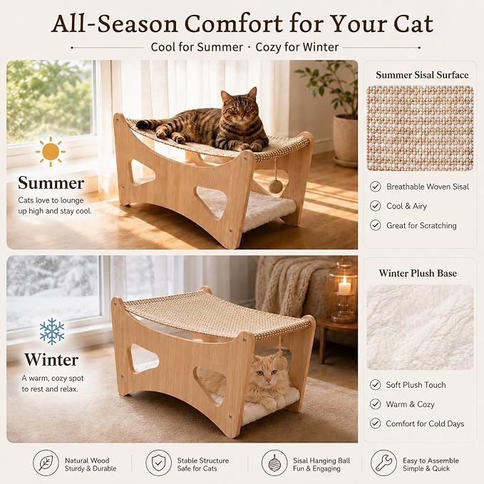 Cat Hammock Bed, 3 in 1 Elevated Bunk Cat Hammock Bed with Sisal Scratching Pad & Soft Plush Cushion, Wooden Cat Furniture for Small to Medium Cat & Dog, Pet Hair Removal Glove