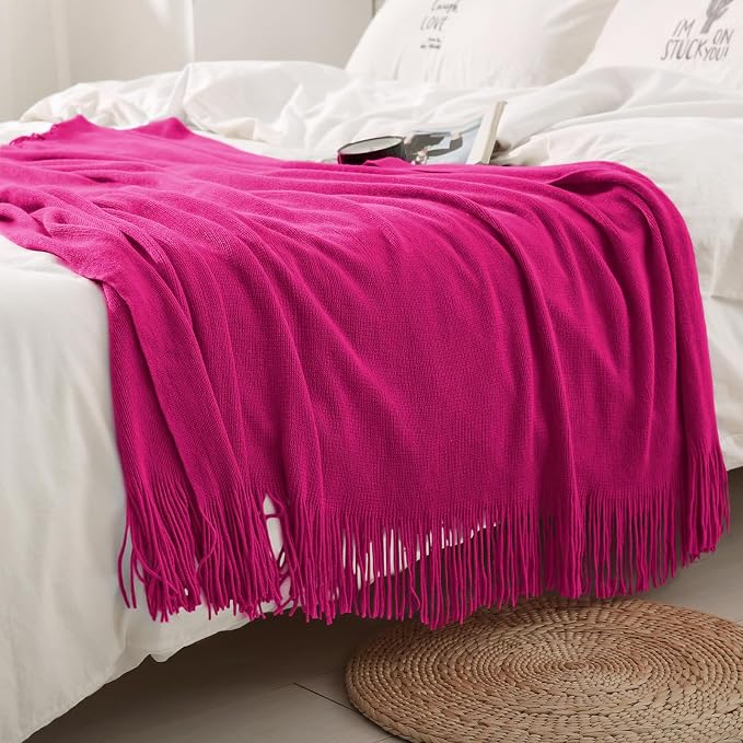 Homiest Dark Pink Knitted Throw Blanket with Fringe, 50x60 Inch | Pure Acrylic, Lightweight & Breathable, All-Season Use, Machine Washable, Wrinkle & Fade Resistant, for Couch Sofa And Bed