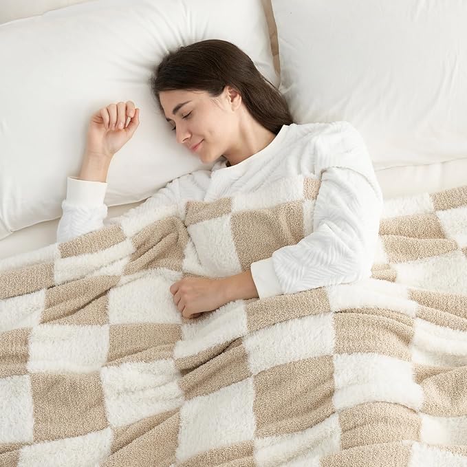 Snuggle Sac Checkered Throw Blanket Faux Fur Microfiber Blankets for Couch,Cozy Soft Warm Blanket for Sofa Bedroom Living Room,Beige Checker,60x80 inches