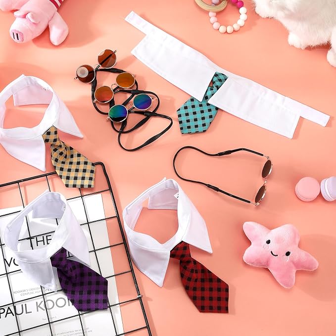 Weewooday 8 Pcs Pet Dog Cat Costume Cat Dog Sunglasses and Tie Collar Round Glasses for Small Puppy Tuxedo Necktie Collar Puppy Accessories Halloween Cosplay Birthday Christmas Party(Elegant Colors)