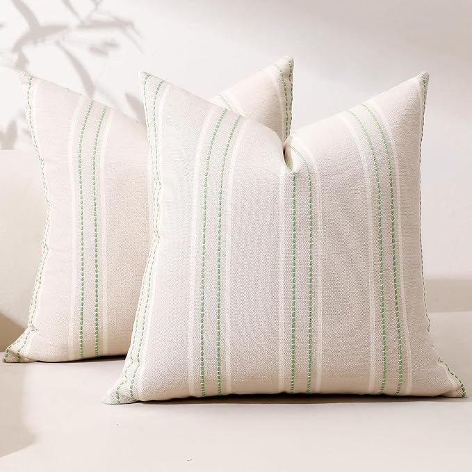 Hckot Stripe Throw Pillow Covers 16x16 Set of 2 Light Green Pillow Covers | Farmhouse Decorative Pillows Textured Linen Square Cushion Covers for Sofa Couch Bed Living Room Decor