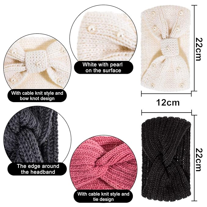 Whaline 5 Pieces Knit Headbands Winter Ear Warmers, 4 Elastic Turban Head Wraps and 1 Pearl Crochet Hair Band, Hair Scrunchies Scarves for Women Girls (Blue Pink Colors)