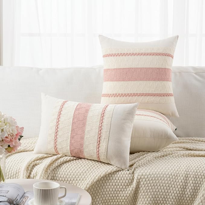 Fancy Homi Set of 2 Boho Pink Decorative Throw Pillow Cover 18x18 Inch for Couch Bed Sofa, Aesthetic Modern Organic Farmhouse Home Decor, Soft Cotton Cute Accent Macrame Woven Cushion Case