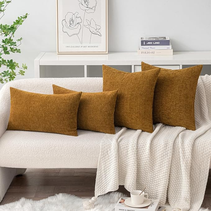 MIULEE Soft Chenille Lumbar Throw Pillow Covers Mustard 12x20 Pack of 2 | Modern Home Decor, Classic Decorative Pillows, Solid Dyed Cases, Boho Couch Cushion Covers for Sofa Bed Living Room