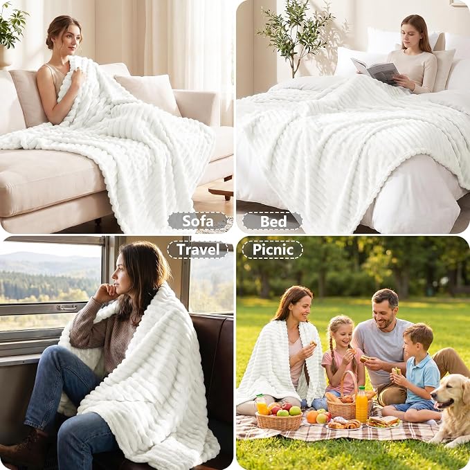 Off White Throw Blanket for Couch & Bed, 50 x 60 Inch | 300GSM Ribbed Fleece Blanket, Soft, Cozy & Lightweight, OEKO-TEX Certified, All-Season Use for Travel, Dorm & Home Decor