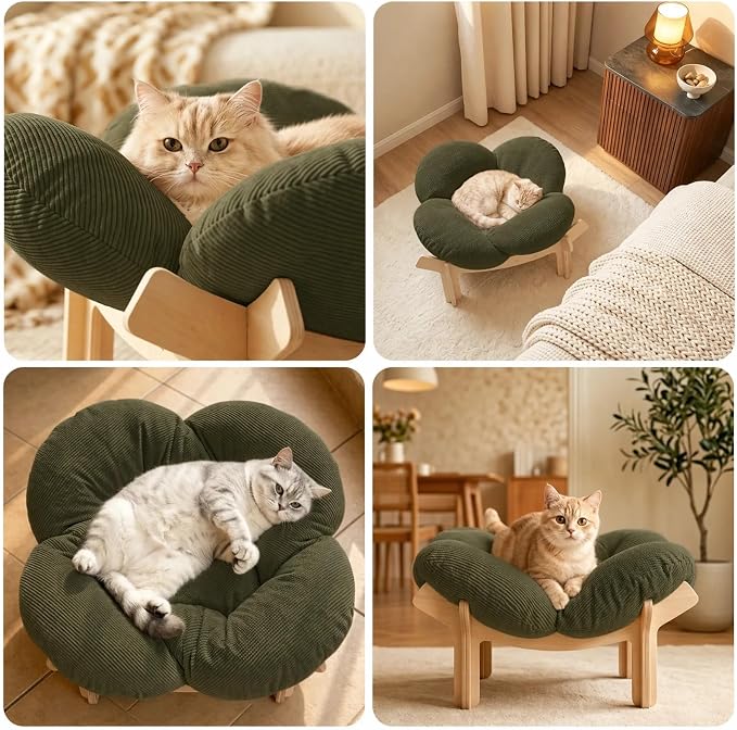 Elevated Flower Cat Bed Wooden Removable Cushion for Indoor Cats Small Dogs | Pet Couch Sofa with Fluffy Cushion, Raised Kitty Lounge Chair Suitable for Puppy, Modern Cat Furniture (Green)