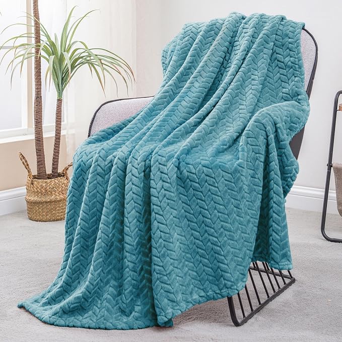 Exclusivo Mezcla Fleece Throw Blanket for Couch Sofa, 50”x70”, Slate Blue | Oversized Soft Cozy Fluffy Blankets for Summer, Decorative Plush Flannel Throws for Living room, Bedroom with Leaves Pattern