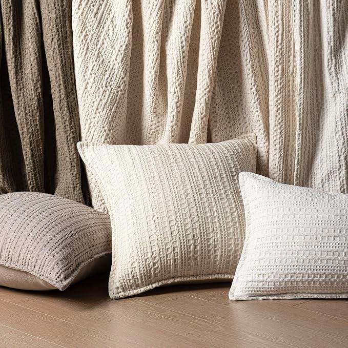 Foindtower Set of 2 Decorative Cotton Waffle Weave Throw Pillow Covers Euro Shams Cushion Covers Accent European Pillowcase for Bed Couch Sofa Bedroom Living Room Home Decor 20×20 Inch Natural Beige