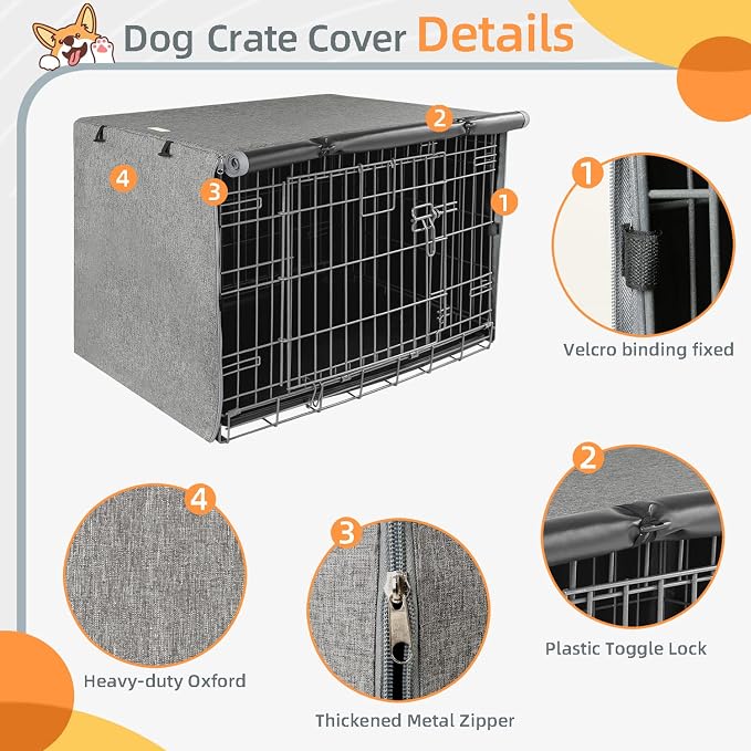 Seiyierr Dog Crate Cover - Kennel Cover Fit for 36 Inch Dog Crate, Double Door Polyester for Wire Puppy Cage Indoor Outdoor Protection, Grey