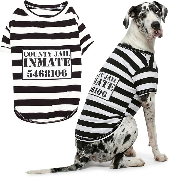 Parisian Pet Prisoner Dog Costume - 100% Cotton Striped Dog Clothes for Large Dogs - Lightweight Puppy Outfits - Funny French Bulldog Clothes - Sleeved Shirt for Dogs - Stretchy Pet Costume