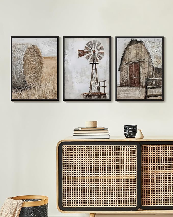 Drsoum Farmhouse Wall Art Vintage Rustic Windmill Barn Cornfield Pictures Framed Painting Landscape Countryside Rural Canvas Artwork Home Decor Ready to Hang 11x14in - Black Framed