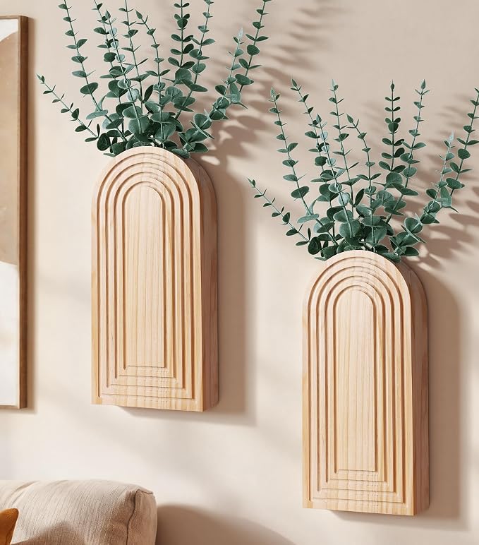 Wooden Wall Vase Set of 2, Wall Hanging Planter Modern Farmhouse Wall Decor for Boho Wall Decor for Indoor Entryway Hallway Bathroom Living Room Dining Room