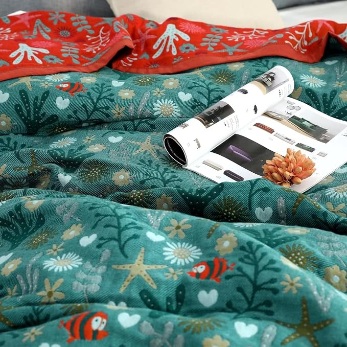 LUTBM Boho Throw Blanket for Bed, 100% Cotton Soft Cozy Breathable Quilt | Underwater Ocean Life Jacquard Farmhouse Decor, 80"x90" All Season Bed Blankets, For Sofa Couch Chair Bedroom Living Room