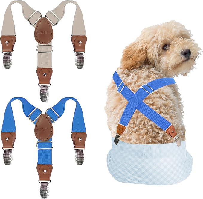 2 Pieces Dog Diaper Suspenders, for Dog Diaper Female and Belly Band for Male (Blue&Beige, Small/Medium)