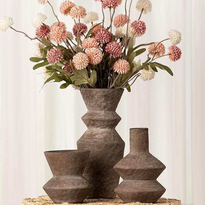 Ceramic Vase Home Table Decor - Brown Flower Vase Set of 3 Living Room Kitchen Decorations Farmhouse Modern Rustic Vases Decorative Centerpiece for Shelf Bedroom Office Bathroom Dining Coffee Desk