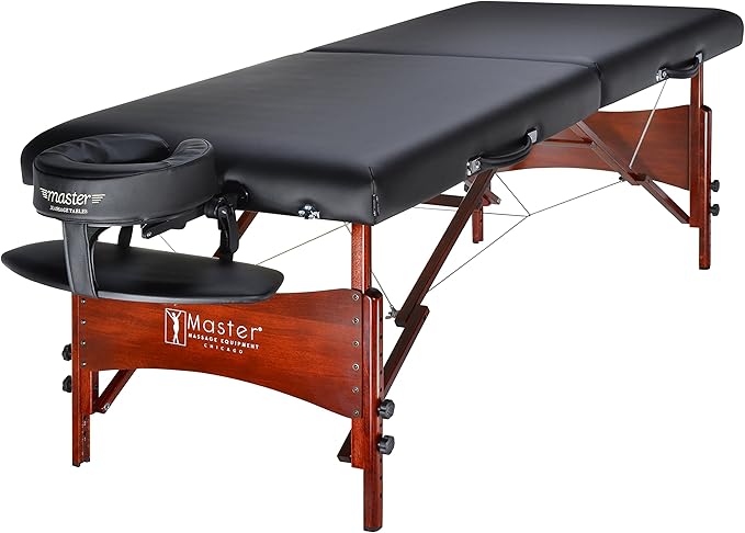 Master Massage Newport Portable Massage Table Package with Denser 2.5" Cushion, Walnut Stained Hardwood, Steel Support Cables, Pillows & Accessories, Black, 30"
