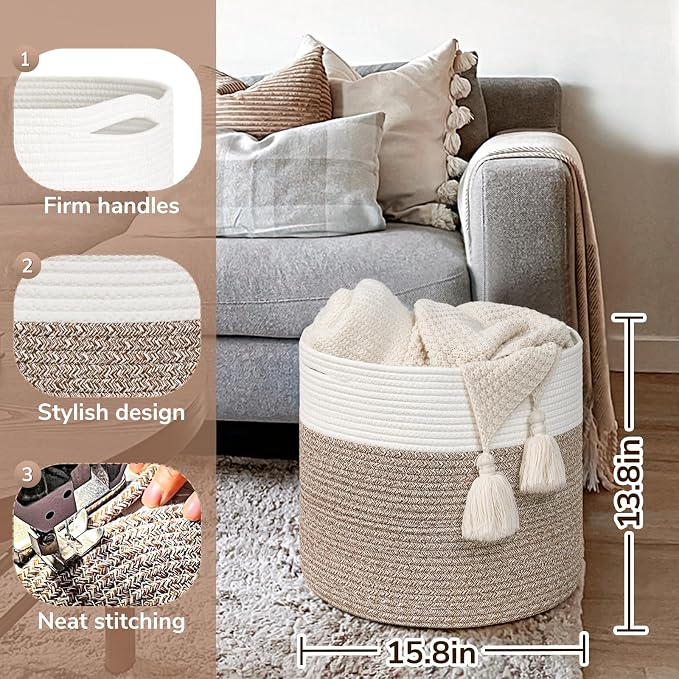 Goodpick Woven Rope Basket for Blankets, Storage Basket for Toys, 45L | 15.8 x 15.8 x 13.8 In Baby Toy Storage Basket for Nursery, Blanket Basket Living Room, Laundry Basket for Towels, Bin,Mele