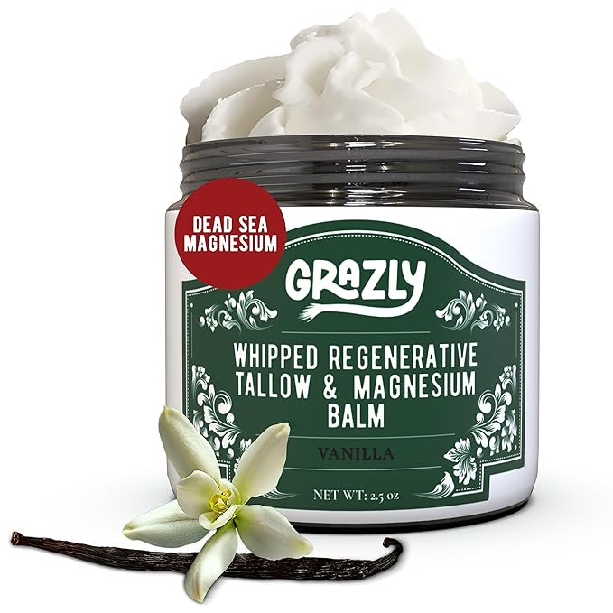 Grazly Whipped Beef Tallow for Skin w/Dead Sea Magnesium, Manuka Honey, Jojoba Oil & Vanilla - Grass Fed Beef Tallow Balm - Body & Face Moisturizer for Dry, Sensitive Skin - 2.5oz