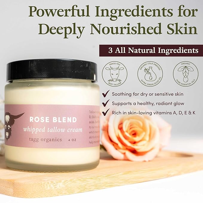 Whipped Tallow Cream for Skin - 100% Organic & Chemical-Free - Deep, Long-Lasting Hydration & Nourishment for Dry & Sensitive Skin (Rose-Infused 4oz)