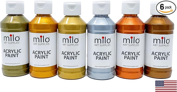 milo Metallic Acrylic Paint Set of 6 Colors | 4 oz Bottles | Student Metallic Colors Acrylics Painting Pack | Made in the USA | Non-Toxic Arts & Crafts Paints for Artists & Hobby Painters