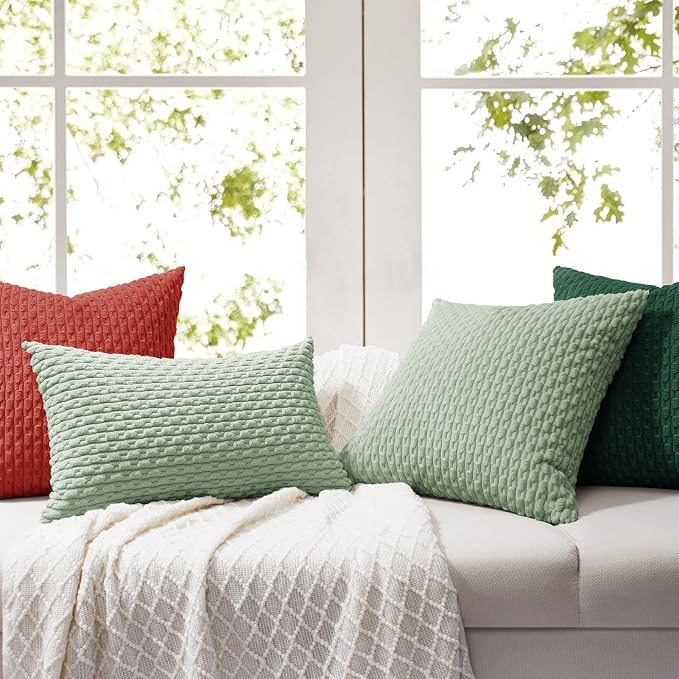 Softalker Corduroy Decorative Throw Pillow Covers 18x18, Set of 2, Red | Soft Boho Striped Pillow Cases, Couch Fluffy Cushion Covers for Farmhouse Home Decor Bed Living Room