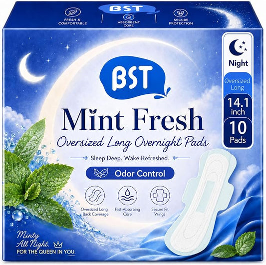 BST Mint Fresh Regular Night Pads for Women, Period Pads with Wings, Feminine Care, Heavy Absorbency, Odor Control Unscented Sanitary Napkins（Overnight, 10 Count,Packaging May Vary）