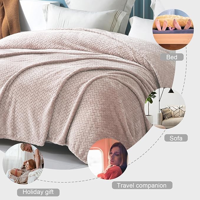Exclusivo Mezcla Soft Fleece Bed Blanket Queen Size, 90”x90”, Camel | Cozy Fluffy Lightweight Blankets for Summer, Decorative Plush Flannel Throws for Living room, Bedroom with Leaves Pattern