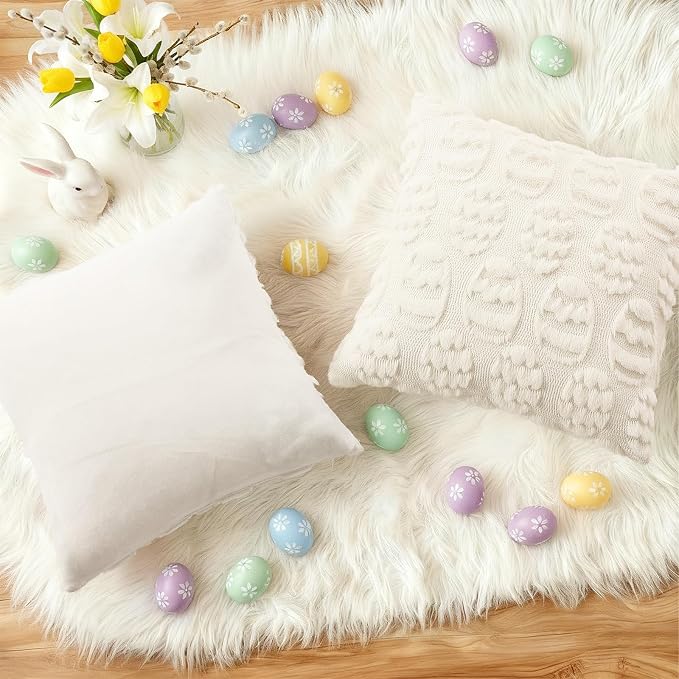 decorUhome Cream White Faux Fur Egg Throw Pillow Covers 18x18 Set of 2 | Plush Soft Wool Jacquard Cream White Cushion Covers, Modern Farmhouse Easter Holiday Decor Pillow Covers for Couch Sofa Bed