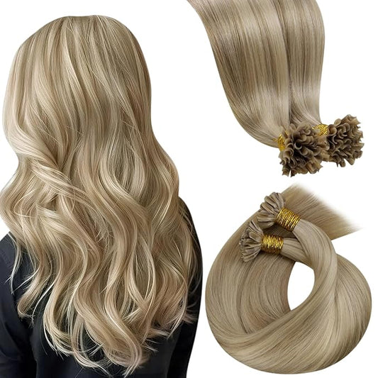 LaaVoo U Tip Hair Extensions Human Hair Balayage K Tip Hair Extensions Golden Blonde Highlights Light Blonde KTips Human Hair Extensions Blonde Silky Straight 16in 100g 100s