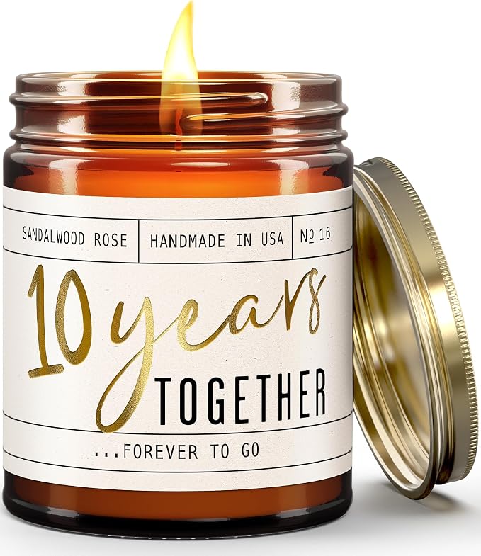 10 Year Gift for Anniversary for Wife - '10 Years Later' Soy Candle, w/Sandalwood Rose - Infused w/Essential Oils I 10th Anniversary Wedding Gift for Wife I 50Hr Burn I USA Made
