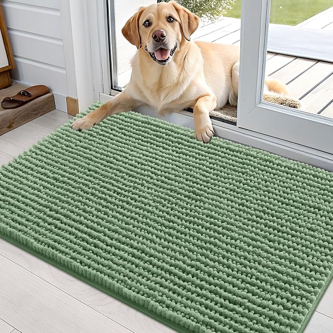 OLANLY Dog Door Mat for Muddy Paws 36x24, Extra Absorbent Chenille Mud Mat | Olive Green, Absorbs Moisture and Dirt, Non-Slip Machine Washable Doormat, Quick-Drying Indoor Entryway Floor Mat for Dogs