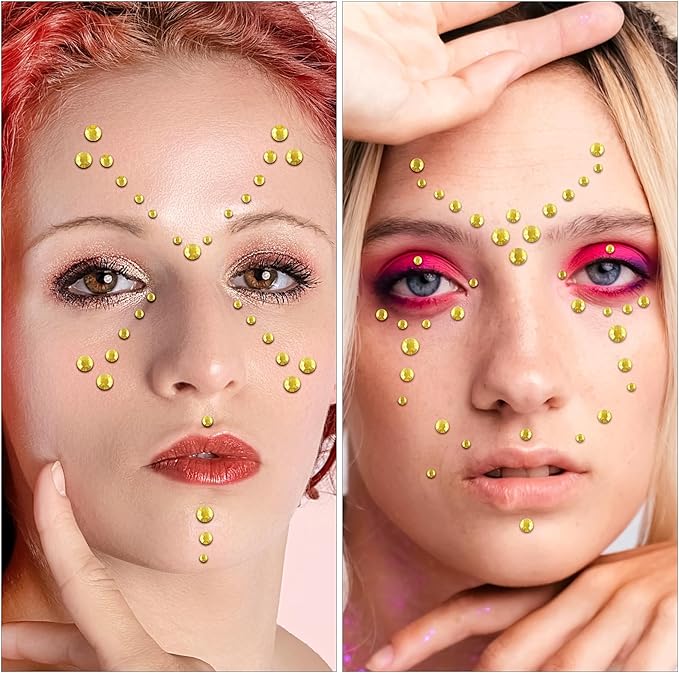 591pcs Face Gems Hair Gems Pearls, Self-Adhesive Face Jewels Eye Rhinestones 3/4/5/6/8 mm Face Gem Stick on, Halloween Makeup Gems Rave Accessories for Face Eyes Body Makeup (07.Light Gold)