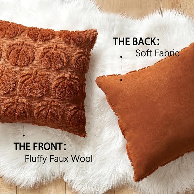 MIULEE Fall Pillow Covers Pumpkin Fall Decor 22x22 Dark Rust | Set of 2 Fall Decorations for Home, Plush Faux Fur Farmhouse Accent Pillowcases, Porch Sofa Couch Cushion Bed Livingroom