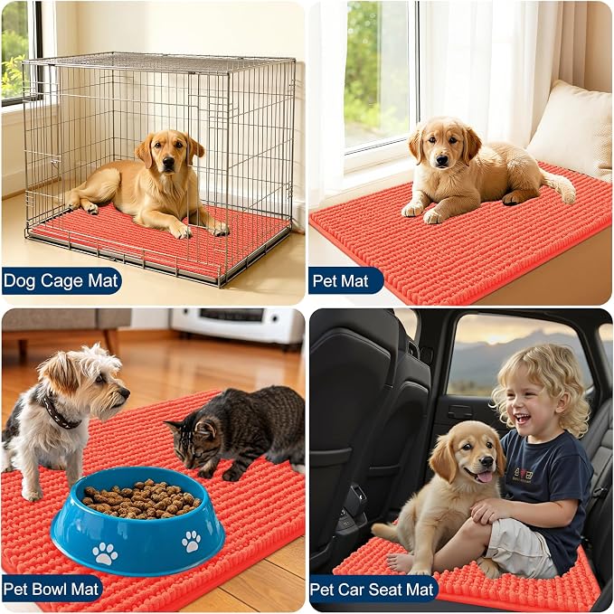 OLANLY Dog Door Mat for Muddy Paws 70x24, Extra Absorbent Chenille Mud Mat | Coral, Absorbs Moisture and Dirt, Non-Slip Machine Washable Doormat, Quick-Drying Indoor Entryway Floor Mat for Dogs