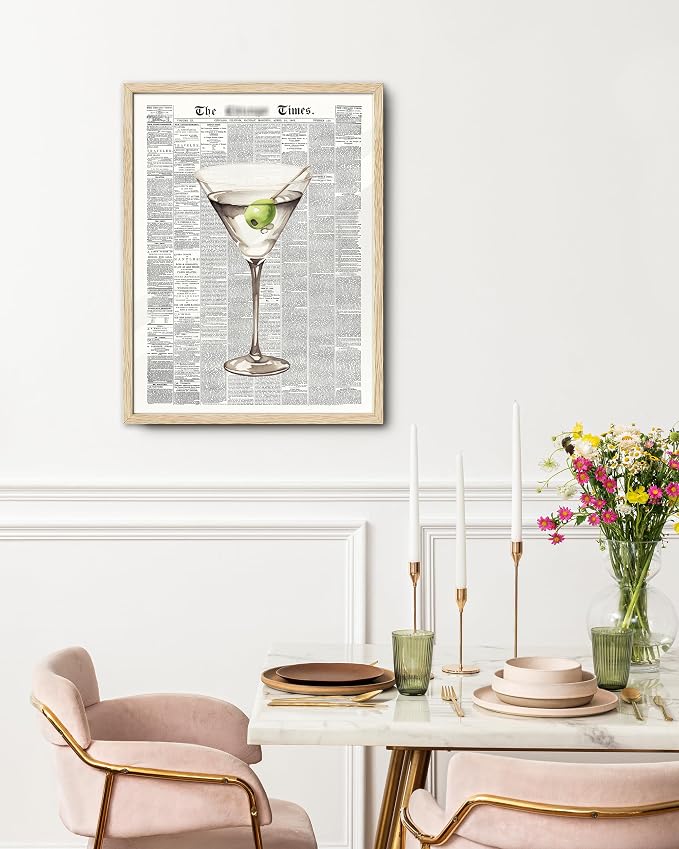 EcoHest 16x20 in Martini Newspaper Framed Wall Art for Bar Cart | Solid Oak Wood Frame, Canvas Wall Art, Martini Cocktail Bar Cart Decor for Living Room, Apartment, Dorm Room, Bedroom, 1Pack