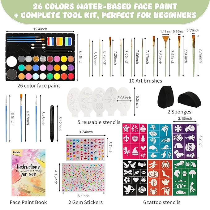 Pintada 26 Color Face Painting Kit for Kids - Non-Toxic Water Activated Face Paint Palette with Brush, Stencils, Gems - For Halloween, Carnivals, Costume Parties, Body Art, Fairs & Creative Events.