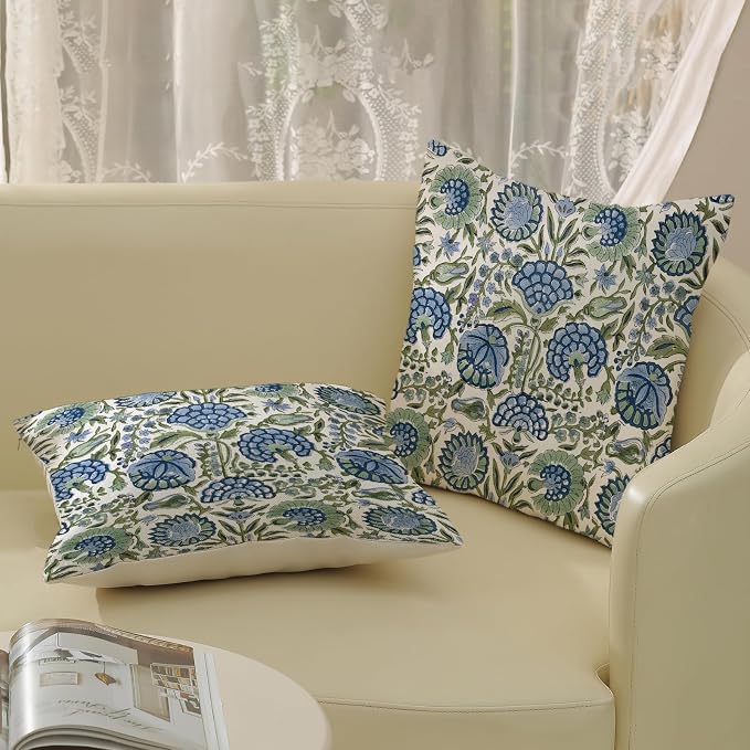 Block Print Pillow Covers 18x18 Inch Pack of 2 Boho Blue Sage Green Floral Decor Throw Pillow Covers Spring Summer Flower Pillowcase Outdoor Farmhouse Decorative Cushion Cover for Couch Sofa