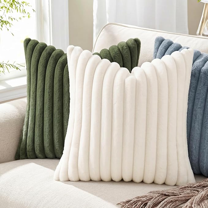 Pallene Faux Fur Decorative Throw Pillow Covers 20x20 Set of 2, Blue Grey | Luxury Plush Texture, Striped Design, Cozy Soft Touch, Modern Home Accent Decor for Couch, Sofa, Bed, Living Room