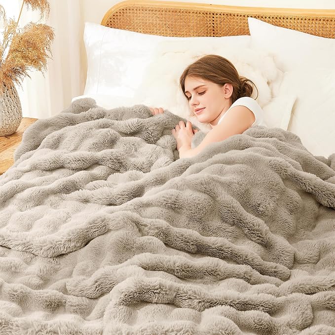 L'AGRATY Faux Rabbit Fur Throw Blanket for Couch, 90'' x 90'', Castle Grey | Soft Cozy Bubble Fluffy Blanket for Sofa Bed, Thick Warm Plush Fuzzy Throw for Room Home Decor, Luxury Gift for Women Mom