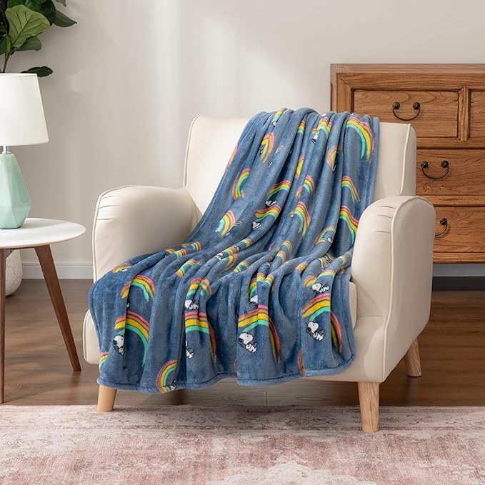 Berkshire Blanket Peanuts® VelvetLoft® Cute Character Snoopy Plush Oversized Throw Blanket, Peanuts Snoopy Rainbow No Dot Dusty Navy (50in x 60in)