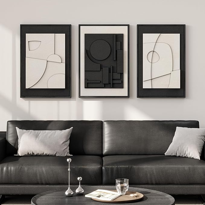3D Textured Framed Black and White Abstract Wall Art Set of 3, 16x24 In | Solid wood frames, raised circles lines and blocks, modern minimalist wall decor for bedroom living room and dining room