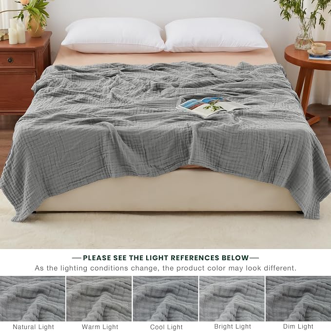 Love's cabin 100% Cotton Muslin Blanket, 6 Layer Lightweight Breathable Gauze Queen Size Blanket 90 x 90 Inches, Soft All Season Blanket for Bed, Medium Grey