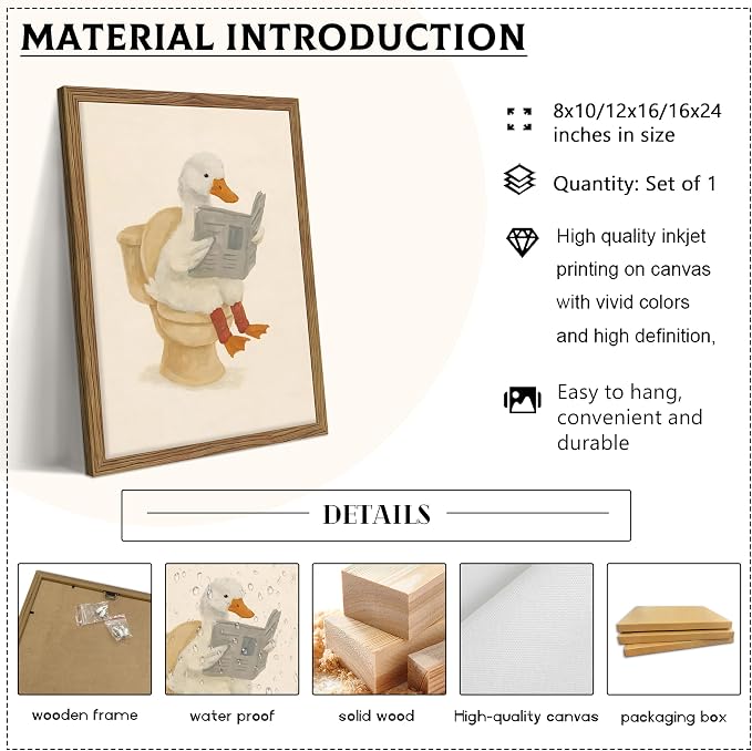 Framed Duck Bathroom Wall Art, Whimsical Duck Reading on Toilet, Funny Kids Bathroom Wall Decor, Vintage Farmhouse Toilet Decor, Cute Animal Canvas Print for kids Room 8x10 inch