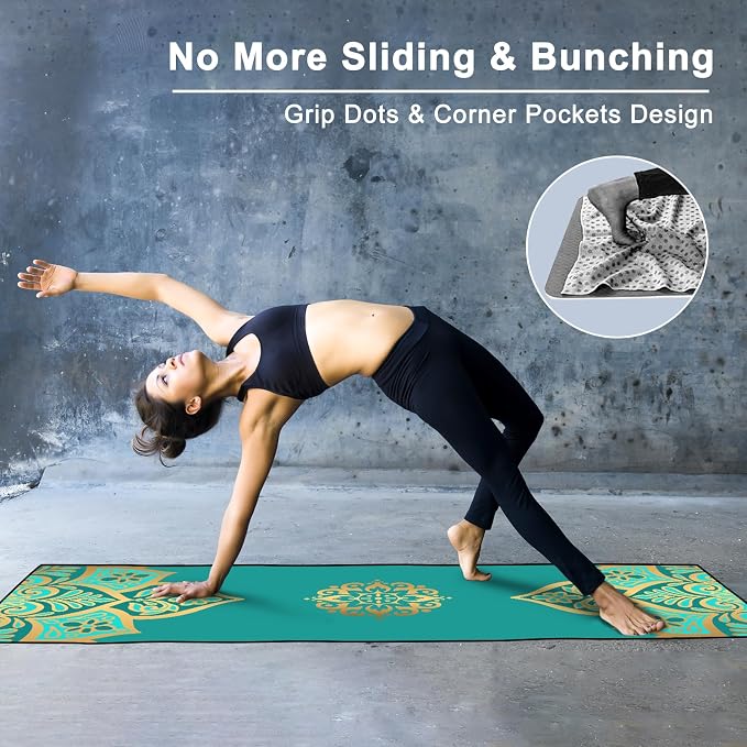 Colorful Star Yoga Towel with Corner Pockets, Non Slip Grip Dots Absorbent Hot Yoga Mat Towels, Yoga Blankets with Travel Bag, Mat Cover for Workout, Gym, Fitness - 70"x26", Turquoise Gold Mandala