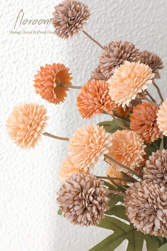 9pcs Burnt Orange Taupe Mix Faux Silk Mums Artificial Flowers, Bulk Fake Small Mini Chrysanthemums with Stems for DIY Wedding Centerpieces Floral Arrangements Vase Fillers Home Decorations