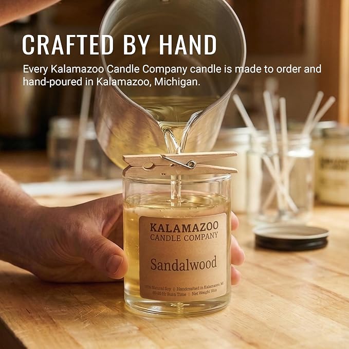 Kalamazoo Candle Company Hand-Poured Soy Wax Candle – 10oz Classic Jar, 60-80 Hour Burn Time – Made in USA, Highly Scented, Phthalate-Free (Sandalwood)