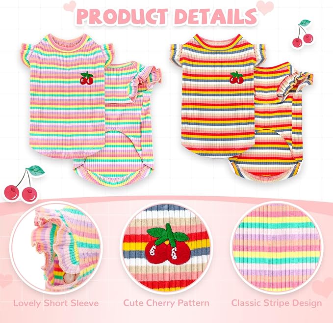 2 Pack Cute Striped Small Dog Shirts, Soft Cotton Girl Dog Clothes Breathable Ruffled Puppy Vest Spring Summer Pet Outfits for Chihuahua Yorkie Maltese and Cats（Pink+Orange,Small）