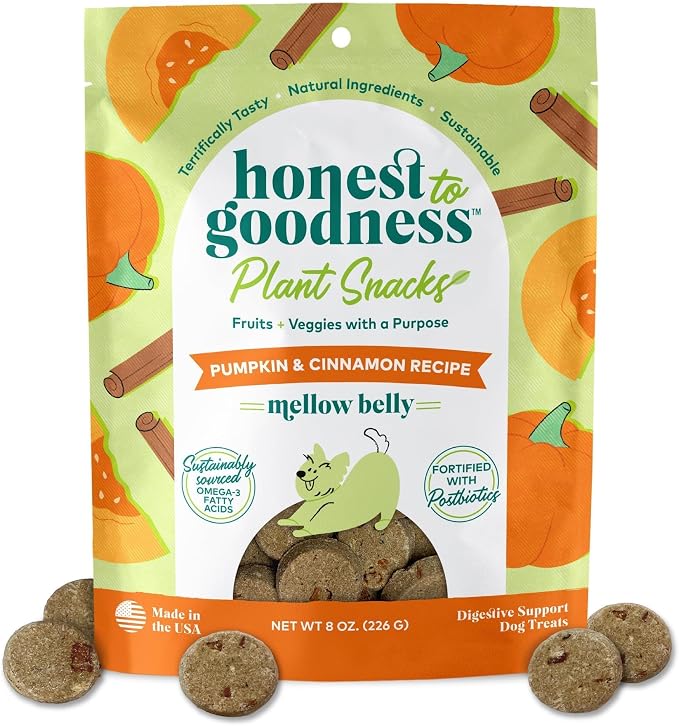 Honest to Goodness Plant Snacks Pumpkin & Cinnamon Dog Treats, 8 oz | Crunchy, Plant-Based, Mellow Belly Digestion Support, Enriched with Omega 3 Fatty Acids, Fortified with Postbiotics, USA Made